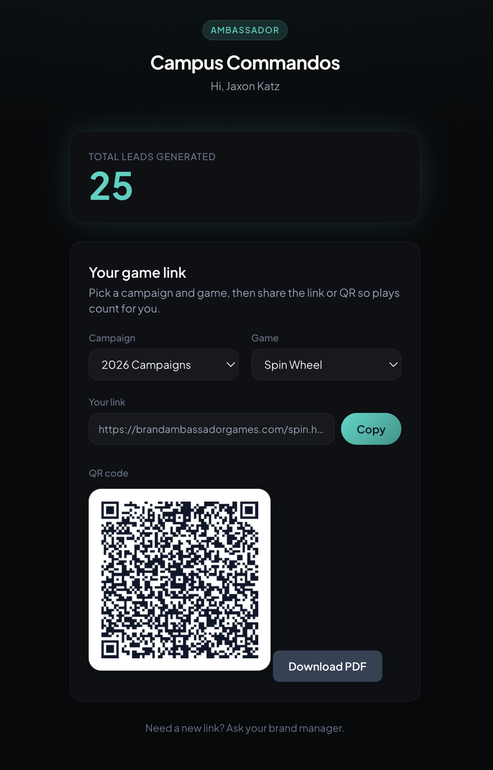 Brand ambassador portal on mobile: lead count, campaign and game picker, shareable link, and QR code
